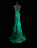 V-neck Mermaid Green Long Prom Dresses Beaded Applique Tulle Green Evening Dresses HZ1024