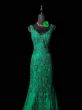 V-neck Mermaid Green Long Prom Dresses Beaded Applique Tulle Green Evening Dresses HZ1024