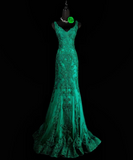 V-neck Mermaid Green Long Prom Dresses Beaded Applique Tulle Green Evening Dresses HZ1024