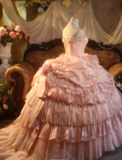 Strapless Ball Gown Pink Long Prom Dresses Lace Pink Quinceanera Dresses Sweet 16 Dress HZ1024