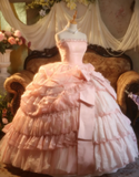 Strapless Ball Gown Pink Long Prom Dresses Lace Pink Quinceanera Dresses Sweet 16 Dress HZ1024