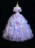 Off-shoulder Ball Gown Purple Long Prom Dresses Tulle Purple Quinceanera Dresses Sweet 16 Dress HZ1024