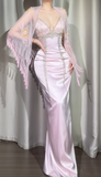 Spaghetti Strap Sheath Pink Long Prom Dresses Beaded Satin Pink Evening Dresses HZ1024