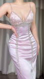 Spaghetti Strap Sheath Pink Long Prom Dresses Beaded Satin Pink Evening Dresses HZ1024
