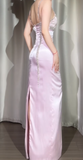 Spaghetti Strap Sheath Pink Long Prom Dresses Beaded Satin Pink Evening Dresses HZ1024
