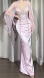 Spaghetti Strap Sheath Pink Long Prom Dresses Beaded Satin Pink Evening Dresses HZ1024