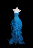 One Shoulder Sheath Blue Hi-lo Prom Dresses Tulle Blue Evening Dresses HZ1024