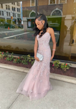 Spaghetti Strap Mermaid Pink Prom Dresses Tulle Applique Pink Evening Dresses HZ1024