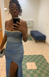 Strapless Sheath Blue Long Prom Dresses Glitter Chiffon Blue Evening Dresses with Slit HZ1024