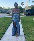Strapless Sheath Blue Long Prom Dresses Glitter Chiffon Blue Evening Dresses with Slit HZ1024