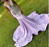 Jewel Mermaid Lilac Long Prom Dresses Beaded Satin Lilac Evening Dresses HZ1024