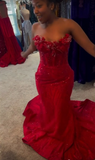 Sweetheart Mermaid Burgundy Long Prom Dresses Beaded Satin Burgundy Evening Dresses HZ1024
