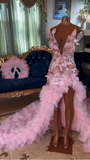 Sweetheart Sheath Pink Long Prom Dresses with Slit Beaded Tulle Pink Evening Dresses HZ1024