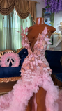 Sweetheart Sheath Pink Long Prom Dresses with Slit Beaded Tulle Pink Evening Dresses HZ1024
