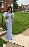 Off-the-shoulder Sheath Blue Long Prom Dresses Chiffon Blue Formal Dresses HZ1024