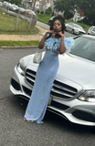 Off-the-shoulder Sheath Blue Long Prom Dresses Chiffon Blue Formal Dresses HZ1024