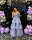 Strapless A-Line Blue Long Prom Dresses Glitter Tulle Blue Eevning Dresses HZ1024