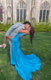 Spaghetti Strap Sheath Blue Long Prom Dresses with Slits HZ1024