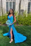 Spaghetti Strap Sheath Blue Long Prom Dresses with Slits HZ1024