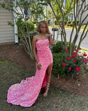 Strapless Sheath Pink Long Prom Dresses with Slit Sequins Pink Formal Dresses HZ1024