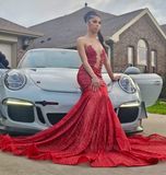 Sweetheart Mermaid Burgundy Long Prom Dresses Tulle Sequin Burgundy Evening Dresses HZ1024