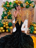 Jewel Mermaid Dark Green Long Prom Dresses Velvet Sequin Dark Green Evening Dresses HZ1024