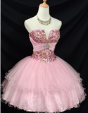 Strapless Ball Gown Tulle Pink Short Prom Dresses Sequined Homecoming Dresses Pink Birthday Dresses HZ1024
