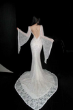V-neck Mermaid Wedding Dresses Lace Beading White Bridal Gowns Long Sleeves Backless Bridal Dresses HZ1024