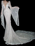 V-neck Mermaid Wedding Dresses Lace Beading White Bridal Gowns Long Sleeves Backless Bridal Dresses HZ1024
