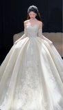 Sweetheart Neck Ball Gown Long Wedding Dresses Tulle Applique White Bridal Gowns Long Sleeves Backless Bridal Dresses HZ1024