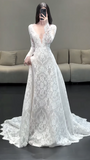 V-neck Mermaid Wedding Dresses with Train Lace Applique White Bridal Gowns Long Sleeve Bridal Dresses HZ1024
