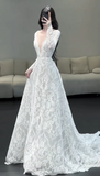 V-neck Mermaid Wedding Dresses with Train Lace Applique White Bridal Gowns Long Sleeve Bridal Dresses HZ1024