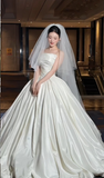 Strapless Ball Gown Long Wedding Dresses Satin White Bridal Gowns Sleeveless Bridal Dresses HZ1024