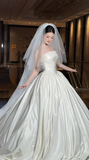 Strapless Ball Gown Long Wedding Dresses Satin White Bridal Gowns Sleeveless Bridal Dresses HZ1024