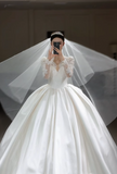 V-neck Ball Gown Long Wedding Dresses Satin White Bridal Gowns Long Sleeve Bridal Dresses HZ1024