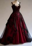 Strap Ball Gown Lace Long Prom Dresses Burgundy Sweet 16 Dresses HZ1024