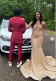Jewel Mermaid Long Prom Dresses Satin Beaded Champagne Evening Dresses HZ1024