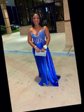 Spaghetti Strap Sheath Long Prom Dresses Satin Beaded Royal Blue Evening Dresses HZ1024