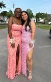 Spaghetti Strap Sheath Long Prom Dresses Glitter Coral Pink Evening Dresses with Slit HZ1024