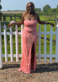 Spaghetti Strap Sheath Long Prom Dresses Glitter Coral Pink Evening Dresses with Slit HZ1024