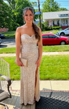 Sweetheart Neck Sheath Long Prom Dresses Sequin Champagne Evening Dresses with Slit HZ1024