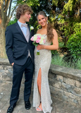 Sweetheart Neck Sheath Long Prom Dresses Sequin Champagne Evening Dresses with Slit HZ1024