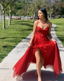 Spaghetti Strap A-Line Long Prom Dress, Glitter Tulle Red Evening Dress with Slit HZ1024