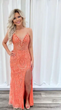 V-neck Sheath Long Prom Dress Beading Coral Evening Dress with Slit HZ1024