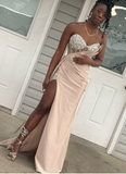 Sweetheart Neck Sheath Long Prom Dress Satin Champagne Evening Dress with Slit HZ1024