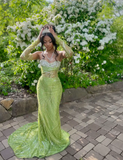 Sweetheart Neck Sheath Long Prom Dresses Tulle Sequins Green Evening Dresses HZ1024