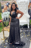 Spaghetti Strap Sheath Long Prom Dress Sequin Black Evening Dress HZ1024