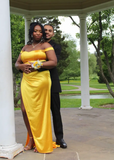 Off-Shoulder Sheath Long Prom Dresses Satin Yellow Evening Dresses HZ1024