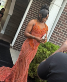 Asymmetric Neck Sheath Long Prom Dress Beaded Tulle Orange Evening Dress HZ1024
