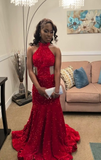 Halter Mermaid Long Prom Dresses Velvet Sequin Burgundy Evening Dresses HZ1024